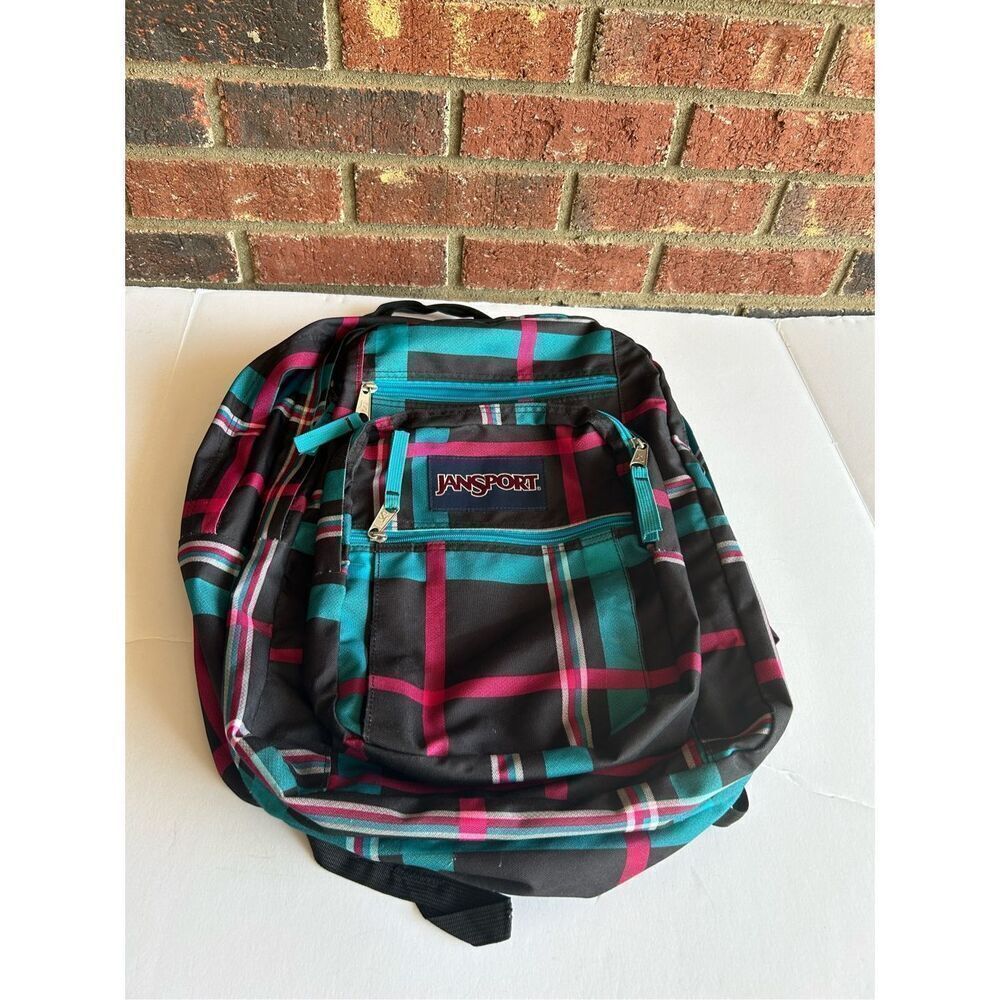 JanSport black turquoise 5 zippers stripes‎ backpack 19x16